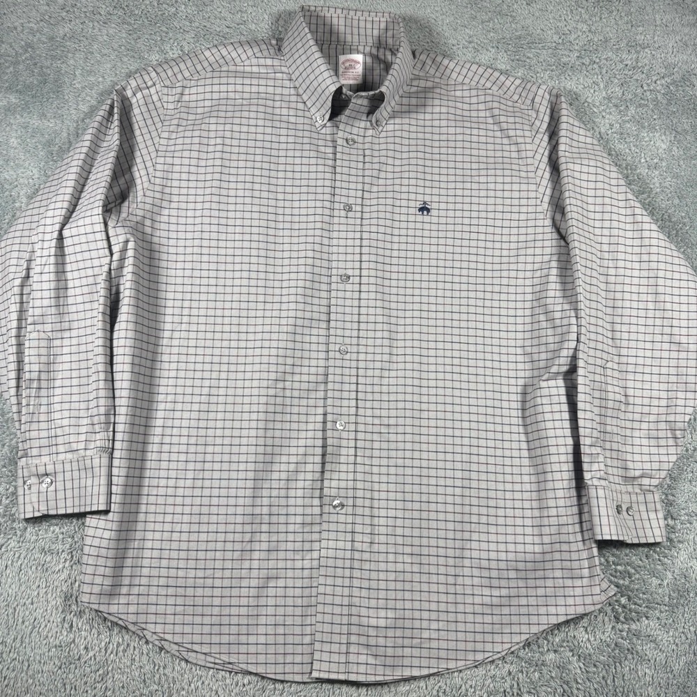 Brooks Brothers Oxford Button Down Shirt Mens XL Grey Madison Plaid Chest Logo - Picture 2 of 6